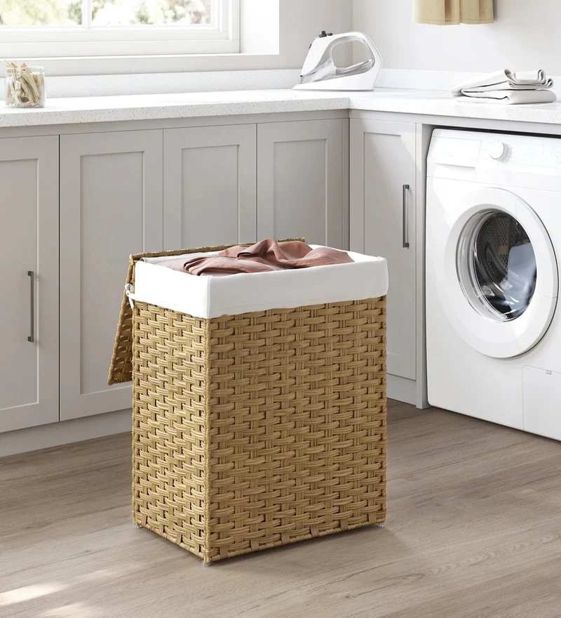 Panier à linge 90L – Panier en rotin synthétique avec couvercle, poignées et doublure amovible