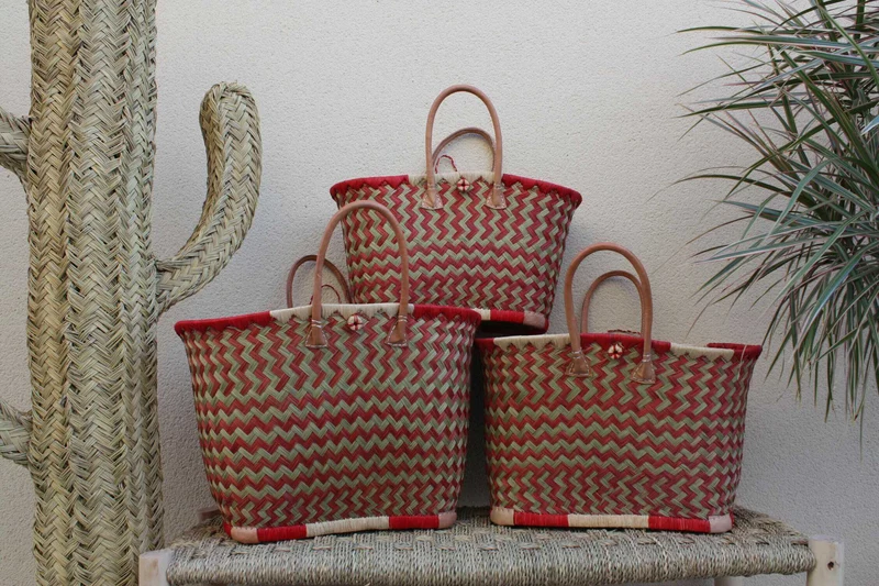 Beau panier à courses - Cabas ARTISANAL MADAGASCAR - Sac Rouge & Naturel - Tressé Main - 3 tailles au choix - plage osier paille