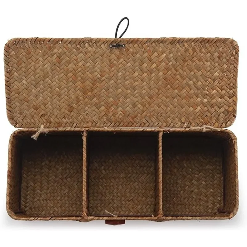 Panier de rangement en jacinthe de mer avec couvercle – 3 compartiments pour cuisine, salle de bain et maison