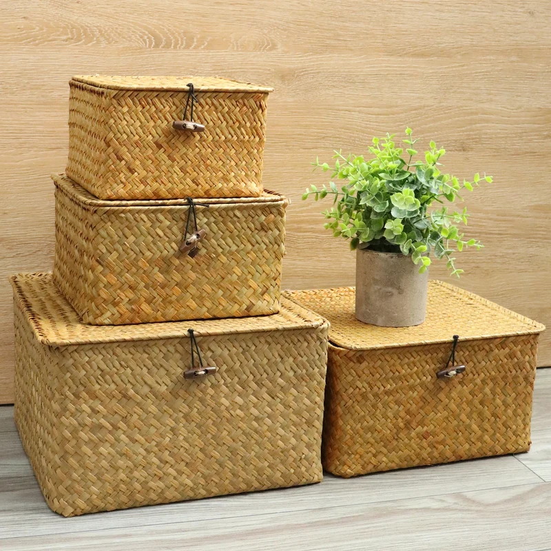 Lot de paniers de rangement en jacinthe de mer avec couvercles – 4 boîtes décoratives naturelles