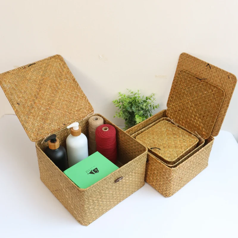 Lot de paniers de rangement en jacinthe de mer avec couvercles – 4 boîtes décoratives naturelles
