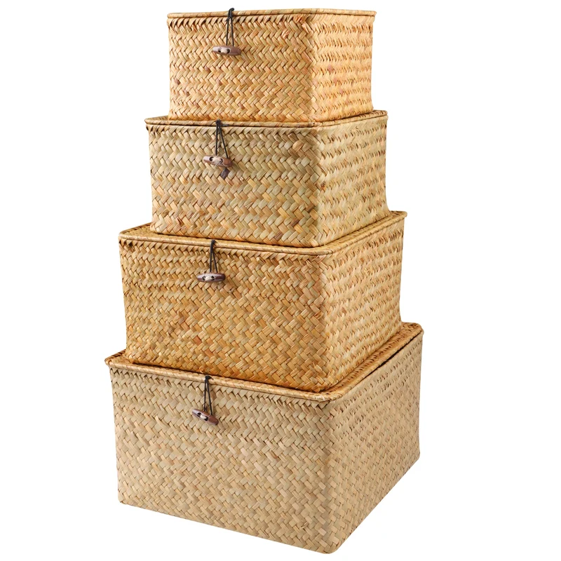 Lot de paniers de rangement en jacinthe de mer avec couvercles – 4 boîtes décoratives naturelles