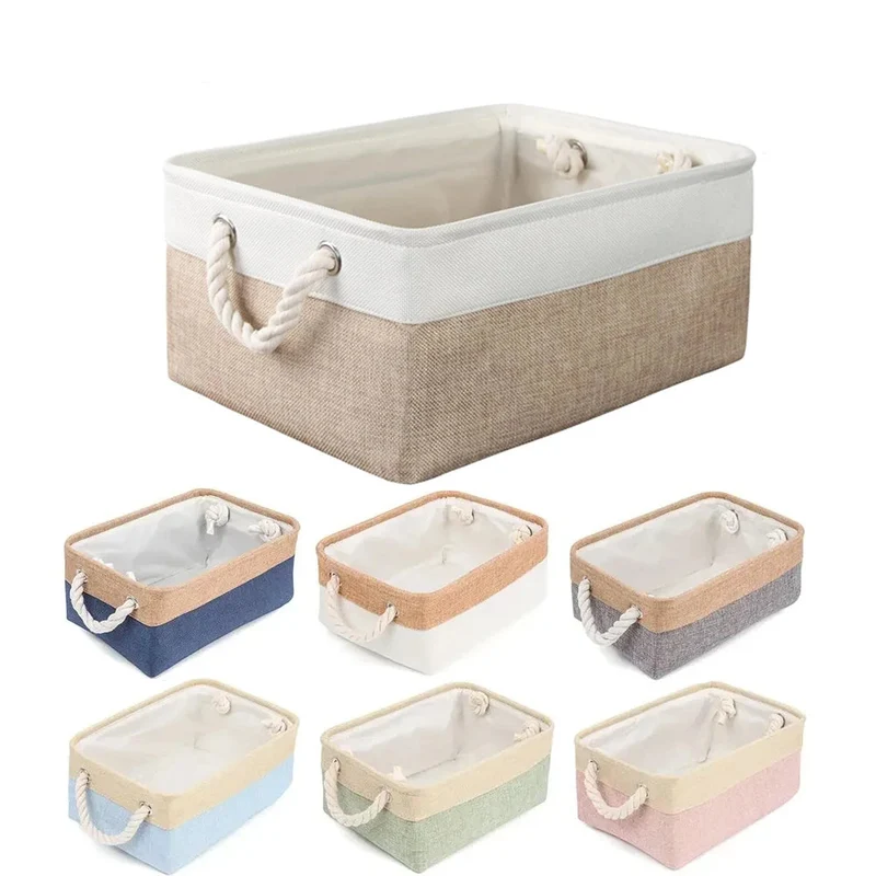 Panier de rangement pliable en lin – Boîte de rangement avec poignées en corde