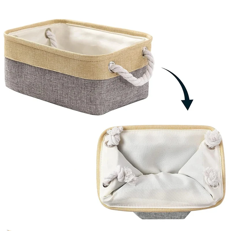 Panier de rangement pliable en lin – Boîte de rangement avec poignées en corde