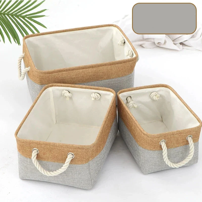 Panier de rangement pliable en lin – Boîte de rangement avec poignées en corde
