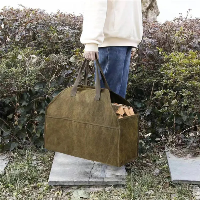 Sac à bûches en toile – Grand format 46×57×24×28,5 cm, couleur terre, sac de transport multi-usages