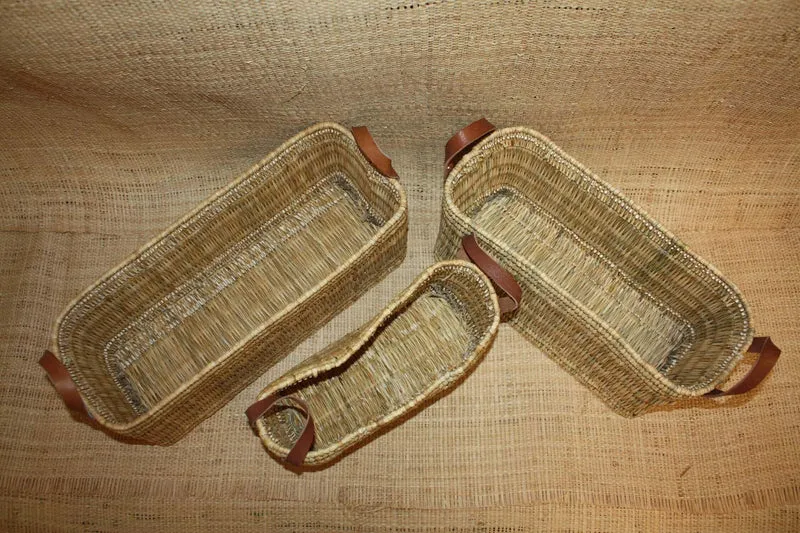 Panier de rangement osier Bac rectangulaire tressé rotin Corbeille paille anses cuir - Naturel Artisanal Décoration -