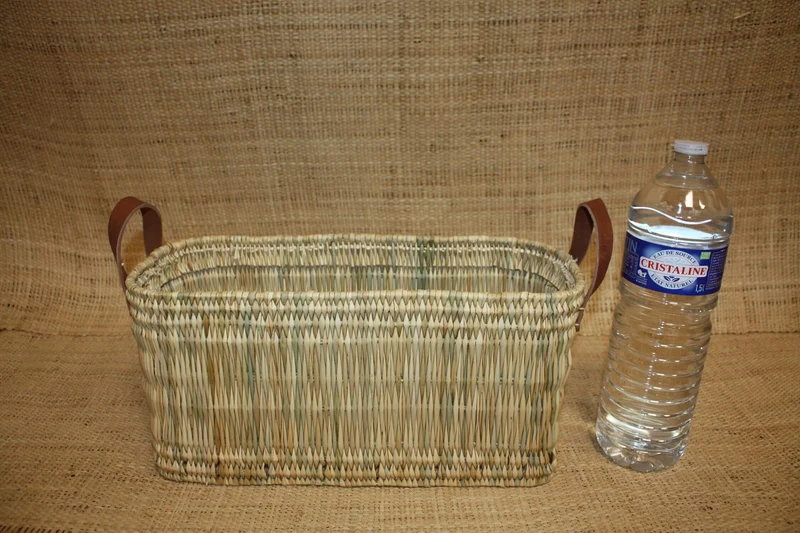 Panier de rangement osier Bac rectangulaire tressé rotin Corbeille paille anses cuir - Naturel Artisanal Décoration -