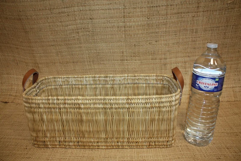 Panier de rangement osier Bac rectangulaire tressé rotin Corbeille paille anses cuir - Naturel Artisanal Décoration -
