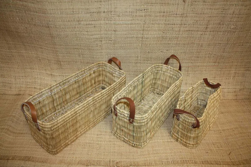 Panier de rangement osier Bac rectangulaire tressé rotin Corbeille paille anses cuir - Naturel Artisanal Décoration -