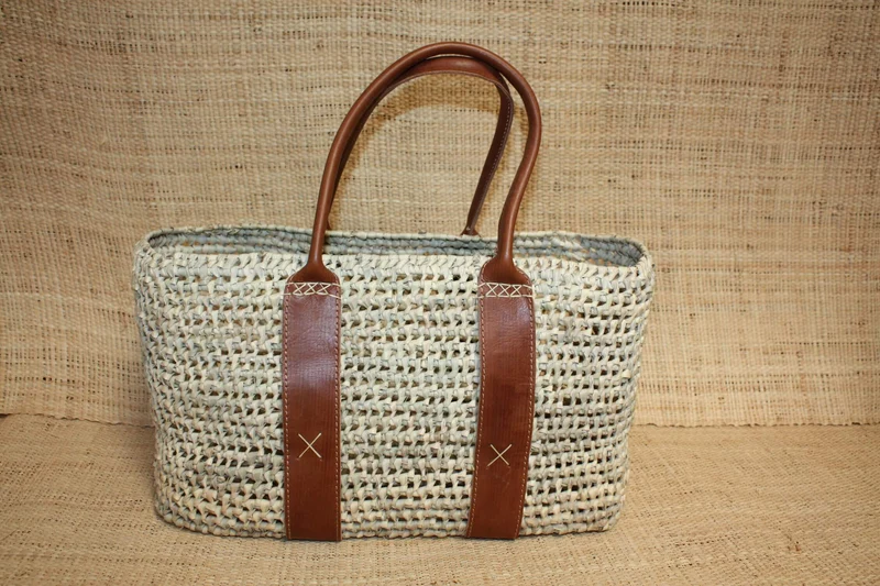 SUPERBE Panier en palmier - Anses Longues et contour cuir - Sac paille cabas osier rotin idéal courses, plage, marchés ...