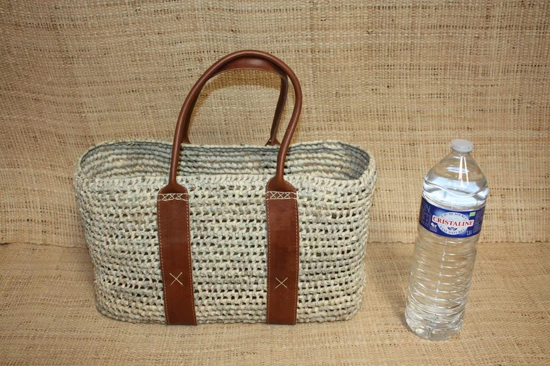 SUPERBE Panier en palmier - Anses Longues et contour cuir - Sac paille cabas osier rotin idéal courses, plage, marchés ...