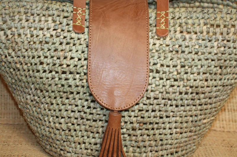 Panier avec Rabat + Anses Longues Cuir Naturel - Sac Paille Plage été Cabas marchés courses