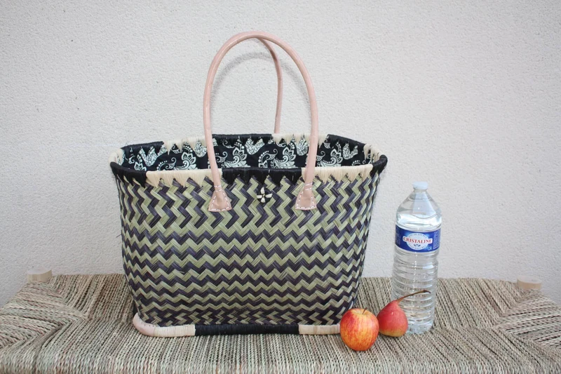 Panier de courses NOIR & NATUREL de MADAGASCAR - Sac Pochon Tissu Noir - Cabas tressé main - 3 tailles - plage osier marché paille rotin