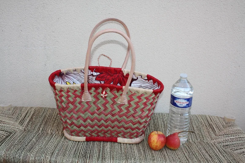 Panier à courses ROUGE & NATUREL de MADAGASCAR - Sac Pochon Tissu Wax - Cabas tressé à la main - 3 tailles - plage osier marché paille rotin