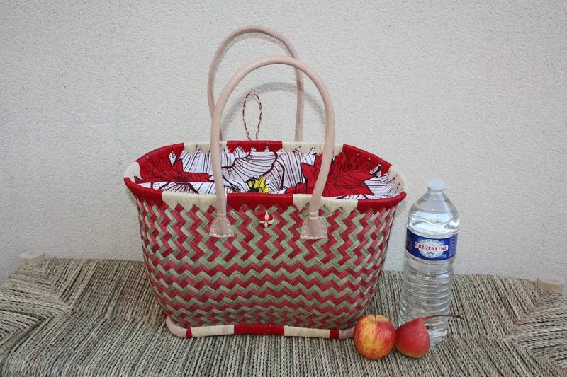 Panier à courses ROUGE & NATUREL de MADAGASCAR - Sac Pochon Tissu Wax - Cabas tressé à la main - 3 tailles - plage osier marché paille rotin