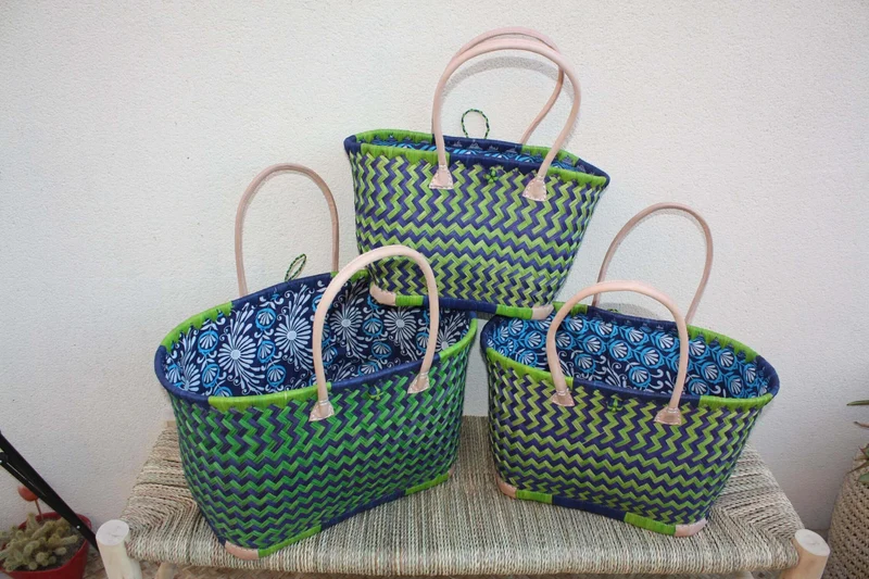 Panier à courses BLEU & VERT de MADAGASCAR - Sac Pochon Tissu Wax - Cabas tressé à la main - 3 tailles - plage osier marché paille rotin