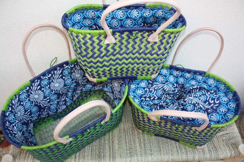 Panier à courses BLEU & VERT de MADAGASCAR - Sac Pochon Tissu Wax - Cabas tressé à la main - 3 tailles - plage osier marché paille rotin