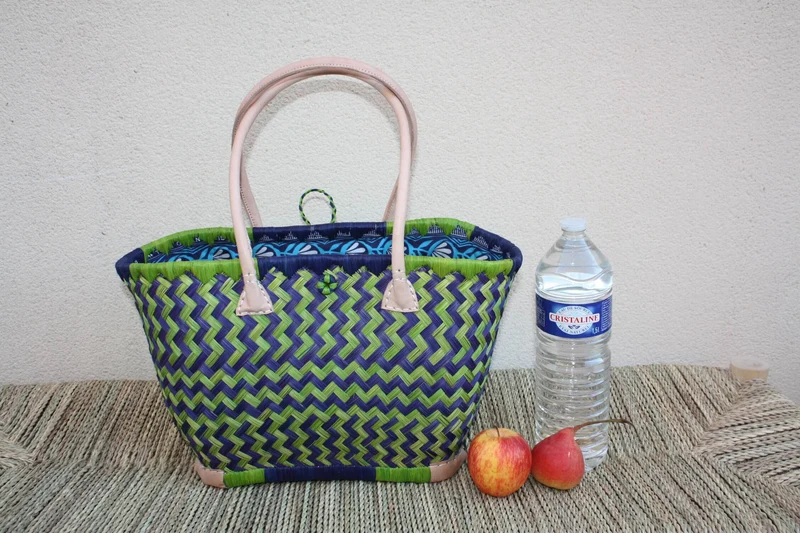Panier à courses BLEU & VERT de MADAGASCAR - Sac Pochon Tissu Wax - Cabas tressé à la main - 3 tailles - plage osier marché paille rotin