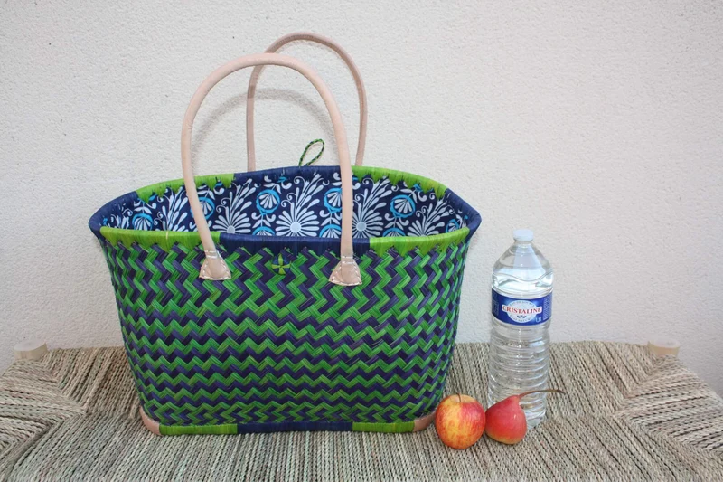 Panier à courses BLEU & VERT de MADAGASCAR - Sac Pochon Tissu Wax - Cabas tressé à la main - 3 tailles - plage osier marché paille rotin