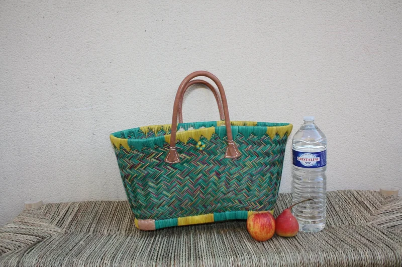 Panier de courses de Madagascar - Turquoise & Jaune - Sac Cabas tressé Artisanal osier rotin paille - 3 tailles au choix -