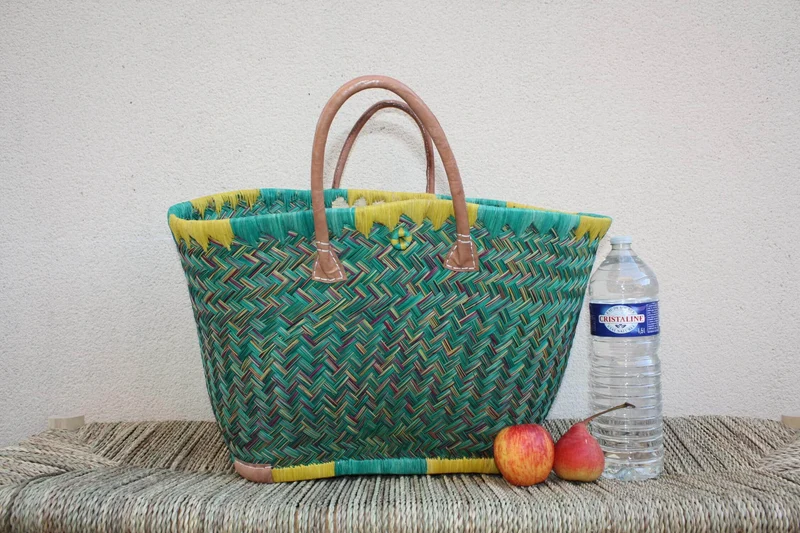 Panier de courses de Madagascar - Turquoise & Jaune - Sac Cabas tressé Artisanal osier rotin paille - 3 tailles au choix -