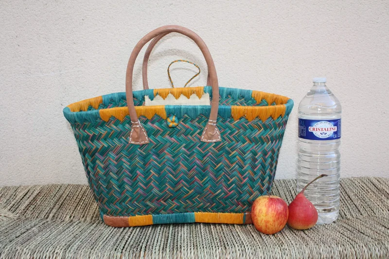 Panier à courses de Madagascar - Cabas Turquoise & Orange - Sac tressé Artisanal - 3 tailles au choix -