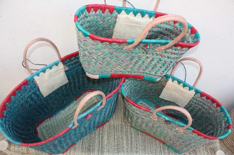 Cabas à courses de Madagascar - Panier Turquoise & Rouge - Sac tressé Artisanal - 3 tailles au choix -