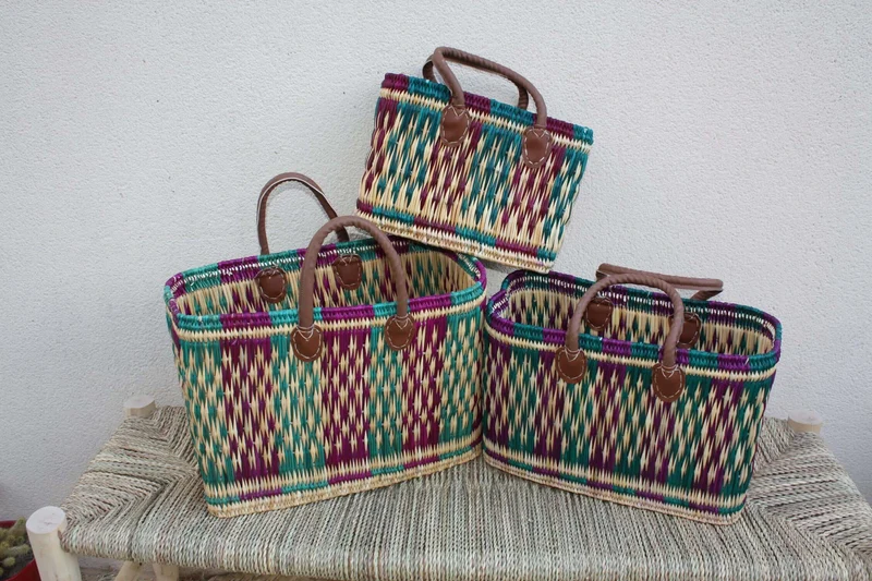Panier à courses artisanal tressé en jonc à la main - Cabas osier marché - Sac rotin plage - Vert & Fuchsia - 3 Tailles - Marocain berbère