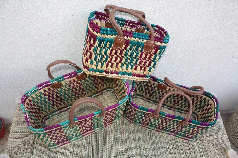 Panier à courses artisanal tressé en jonc à la main - Cabas osier marché - Sac rotin plage - Vert & Fuchsia - 3 Tailles - Marocain berbère