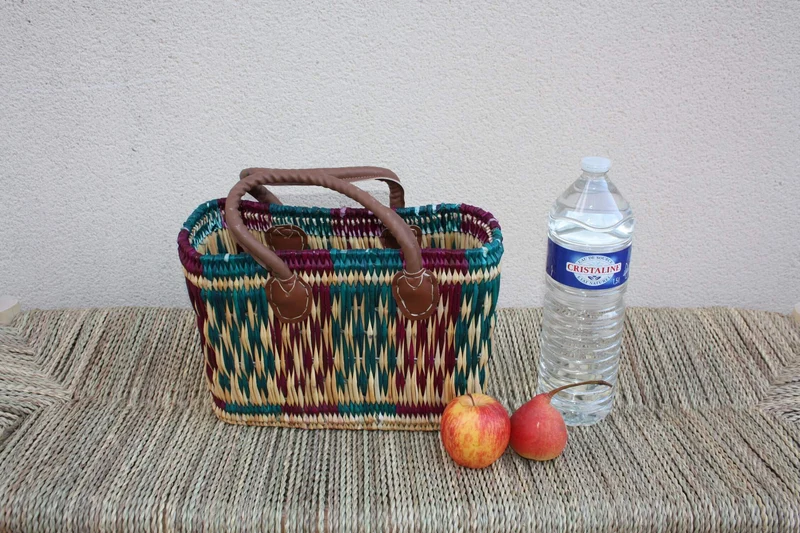 Panier à courses artisanal tressé en jonc à la main - Cabas osier marché - Sac rotin plage - Vert & Fuchsia - 3 Tailles - Marocain berbère