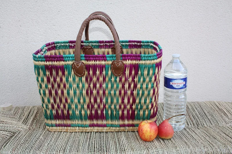 Panier à courses artisanal tressé en jonc à la main - Cabas osier marché - Sac rotin plage - Vert & Fuchsia - 3 Tailles - Marocain berbère