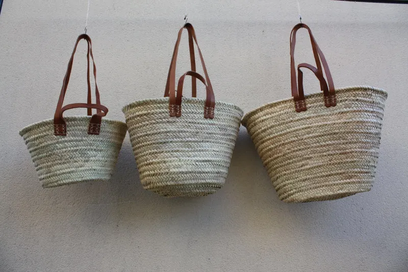 PANIER DOUBLES Anses Courtes + Longues en Cuir - Sac paille Cabas marchés courses plage osier rotin naturel - 3 TAILLES au Choix -