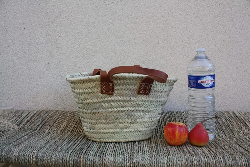 PANIER DOUBLES Anses Courtes + Longues en Cuir - Sac paille Cabas marchés courses plage osier rotin naturel - 3 TAILLES au Choix -