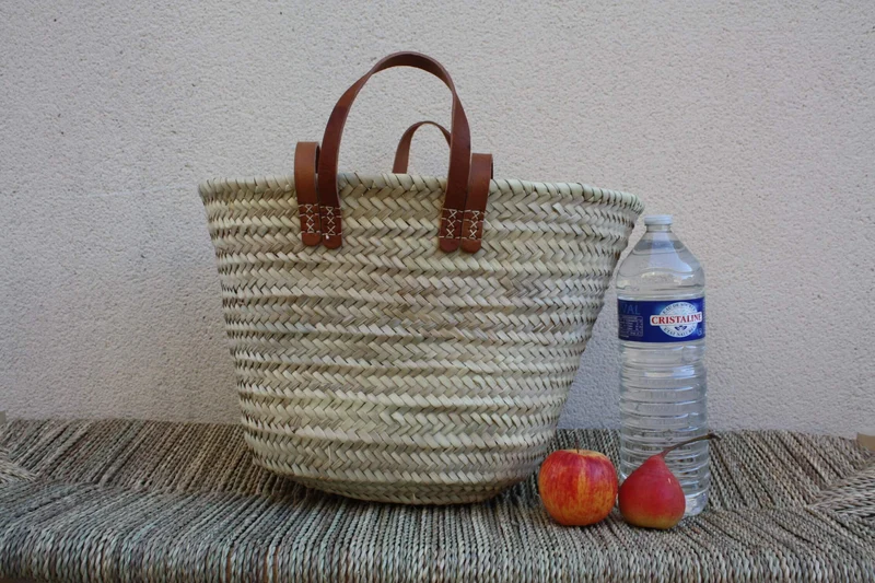 PANIER DOUBLES Anses Courtes + Longues en Cuir - Sac paille Cabas marchés courses plage osier rotin naturel - 3 TAILLES au Choix -