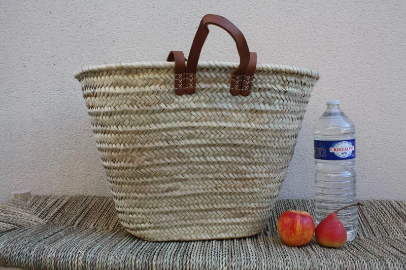 PANIER DOUBLES Anses Courtes + Longues en Cuir - Sac paille Cabas marchés courses plage osier rotin naturel - 3 TAILLES au Choix -