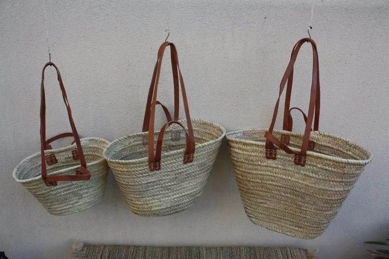 PANIER DOUBLES Anses Courtes + Longues en Cuir - Sac paille Cabas marchés courses plage osier rotin naturel - 3 TAILLES au Choix -