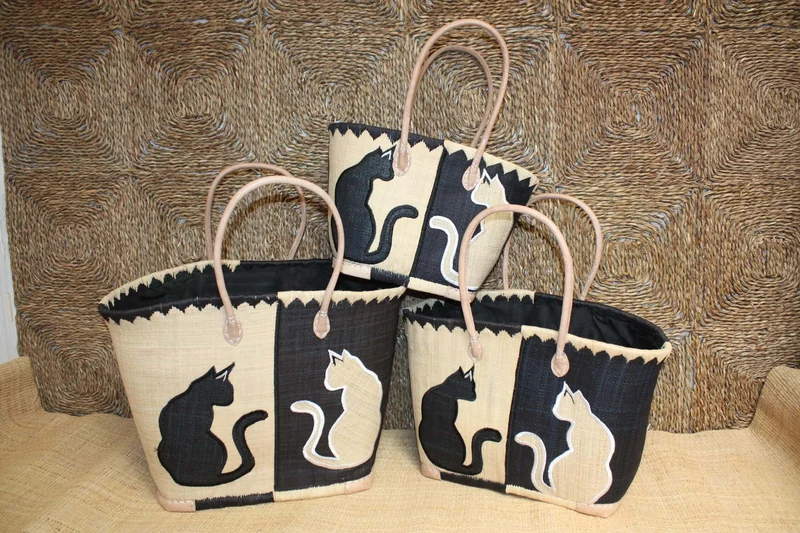 Panier NOIR brodé motif CHAT - Sac Anses Longues - Cabas marchés, courses, plage - 3 TAILLES -