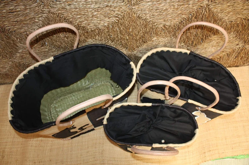 Panier NOIR brodé motif CHAT - Sac Anses Longues - Cabas marchés, courses, plage - 3 TAILLES -