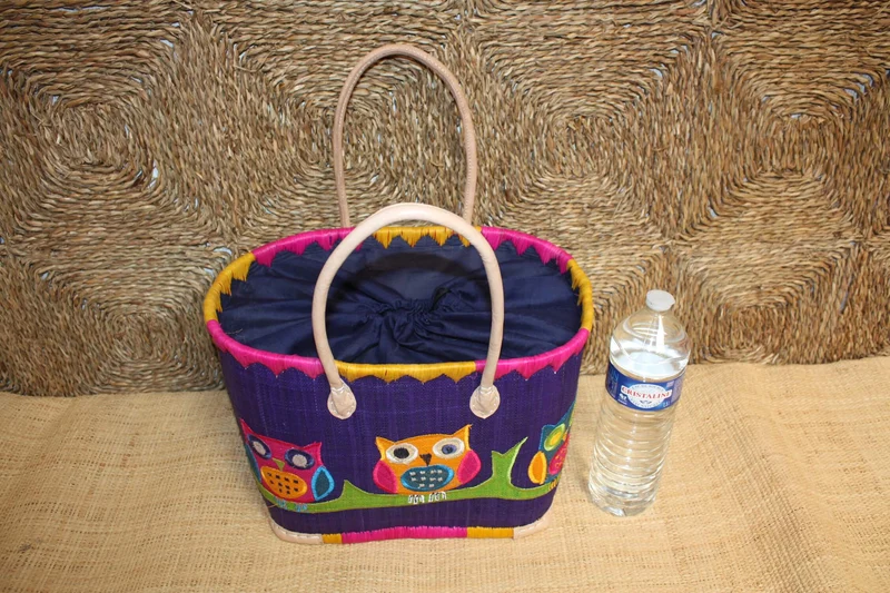 Panier brodé HIBOU CHOUETTE Bleu - Sac Anses Longues - 3 TAILLES - Cabas Marchés, courses, plage...