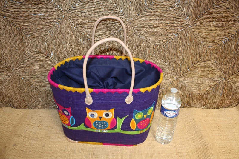 Panier brodé HIBOU CHOUETTE Bleu - Sac Anses Longues - 3 TAILLES - Cabas Marchés, courses, plage...