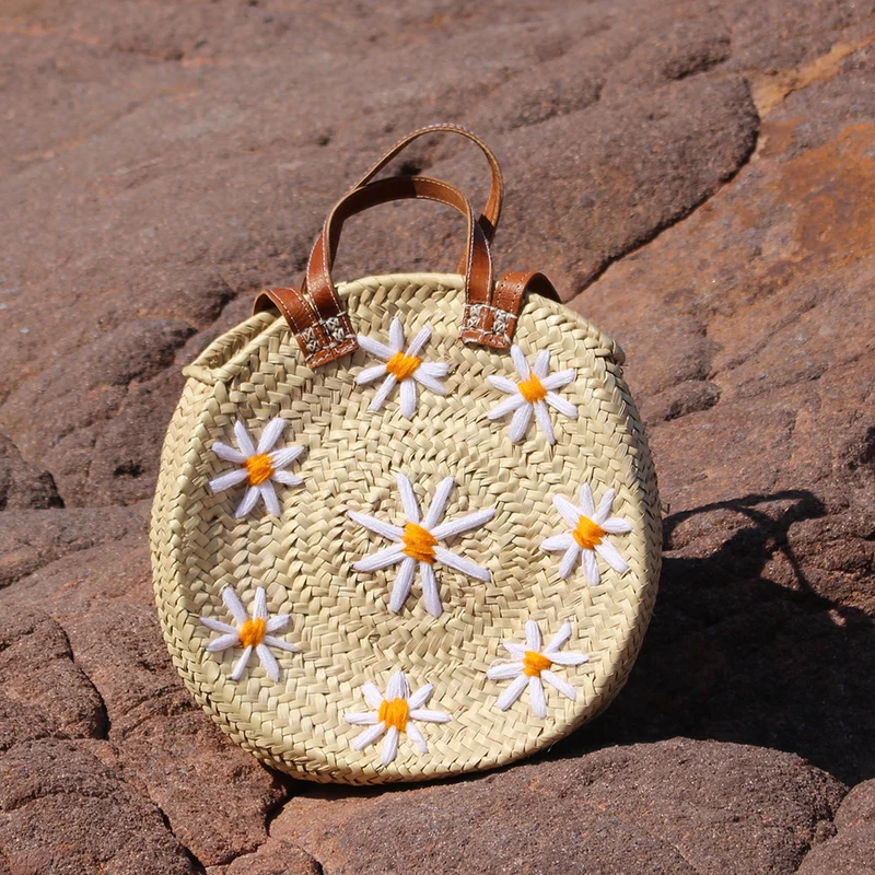 Panier Rond Brodé Marguerite