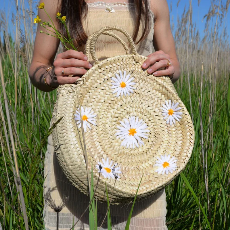 Panier Rond Brodé Marguerite