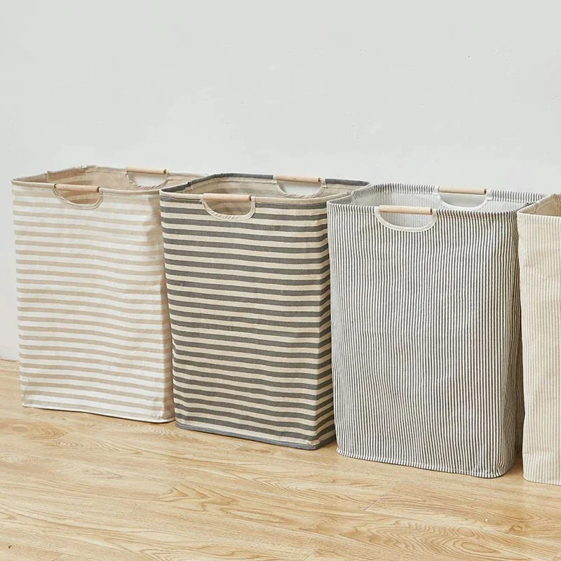 Panier de Rangement en Coton et Lin avec Poignée en Bambou