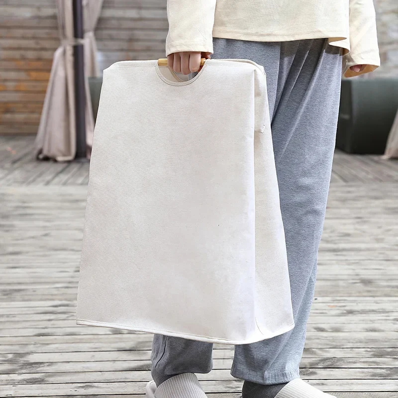 Panier de Rangement en Coton et Lin avec Poignée en Bambou