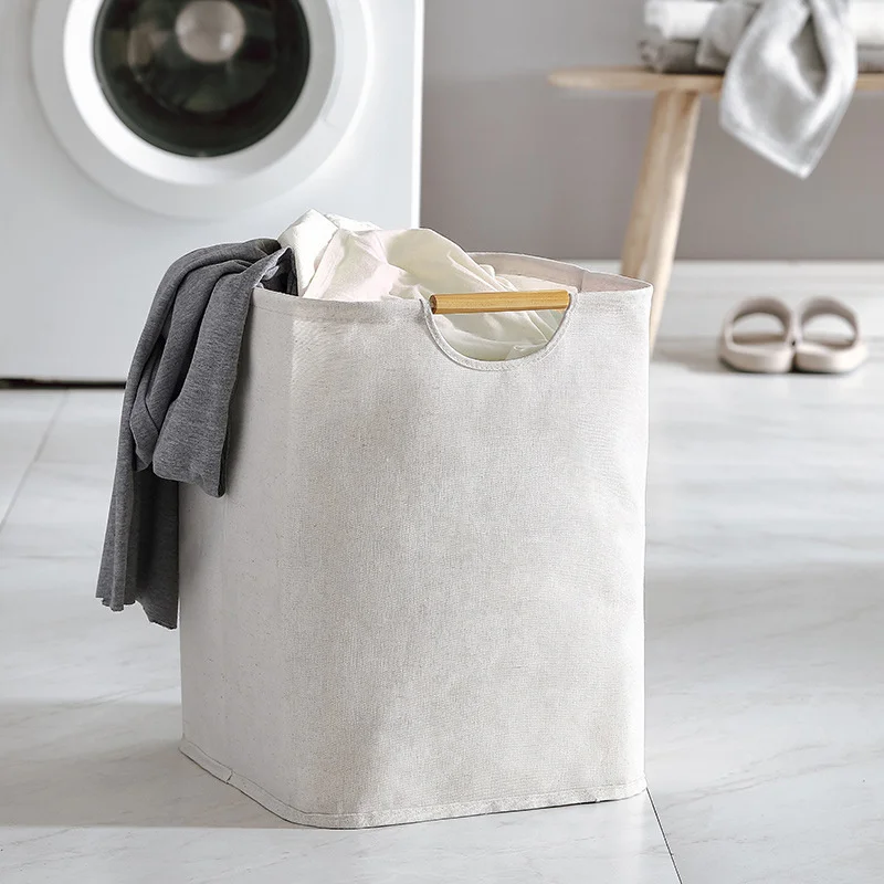 Panier de Rangement en Coton et Lin avec Poignée en Bambou