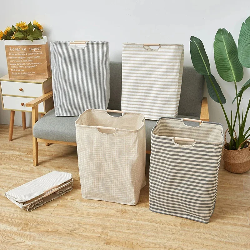 Panier de Rangement en Coton et Lin avec Poignée en Bambou