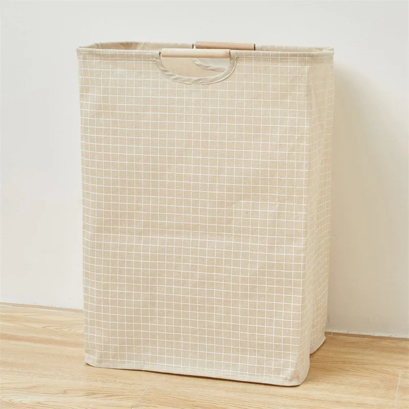 Panier de Rangement en Coton et Lin avec Poignée en Bambou