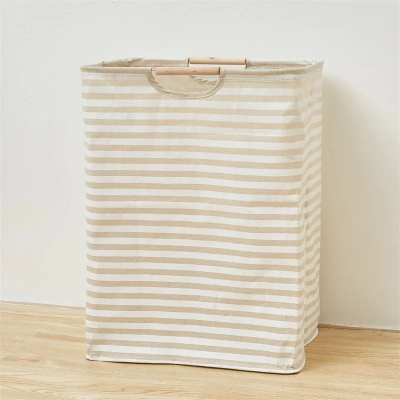 Panier de Rangement en Coton et Lin avec Poignée en Bambou