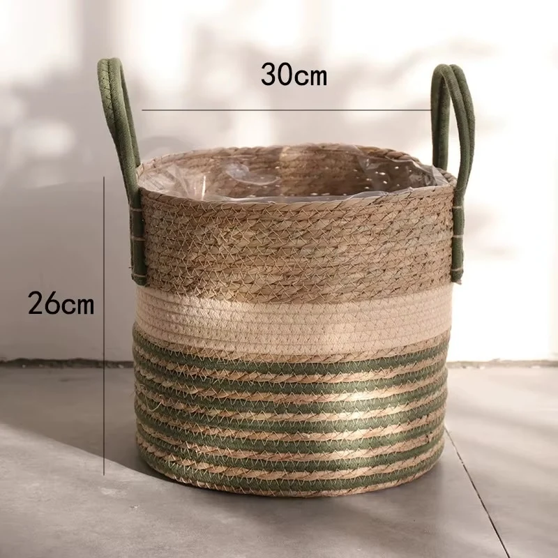 Panier en Rotin Bohème à Lignes Vertes